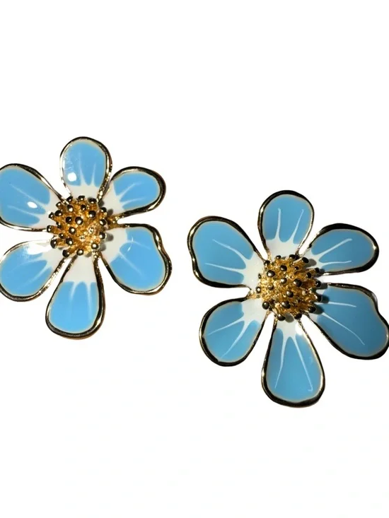 ❤️ Boutique Hand Painted Enamel Blue Flower Statement  Earrings - NEW - Picture 2 of 6